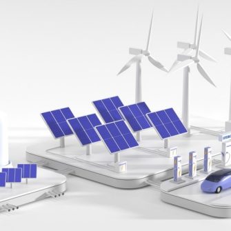 Hydrogen gas and electric charger station with future car and renewable energy sources, wind turbines, solar panels, battery and tank containers. Isometric 3d render illustration fuel cell vehicle