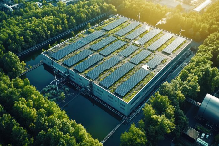 A sustainable energy factory surrounded by greenery, utilizing solar panels and wind turbines, promoting low carbon output and a clean, healthy environment.