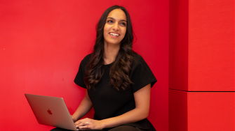 Student with red background