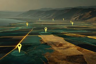 Aerial view of coast with data markers