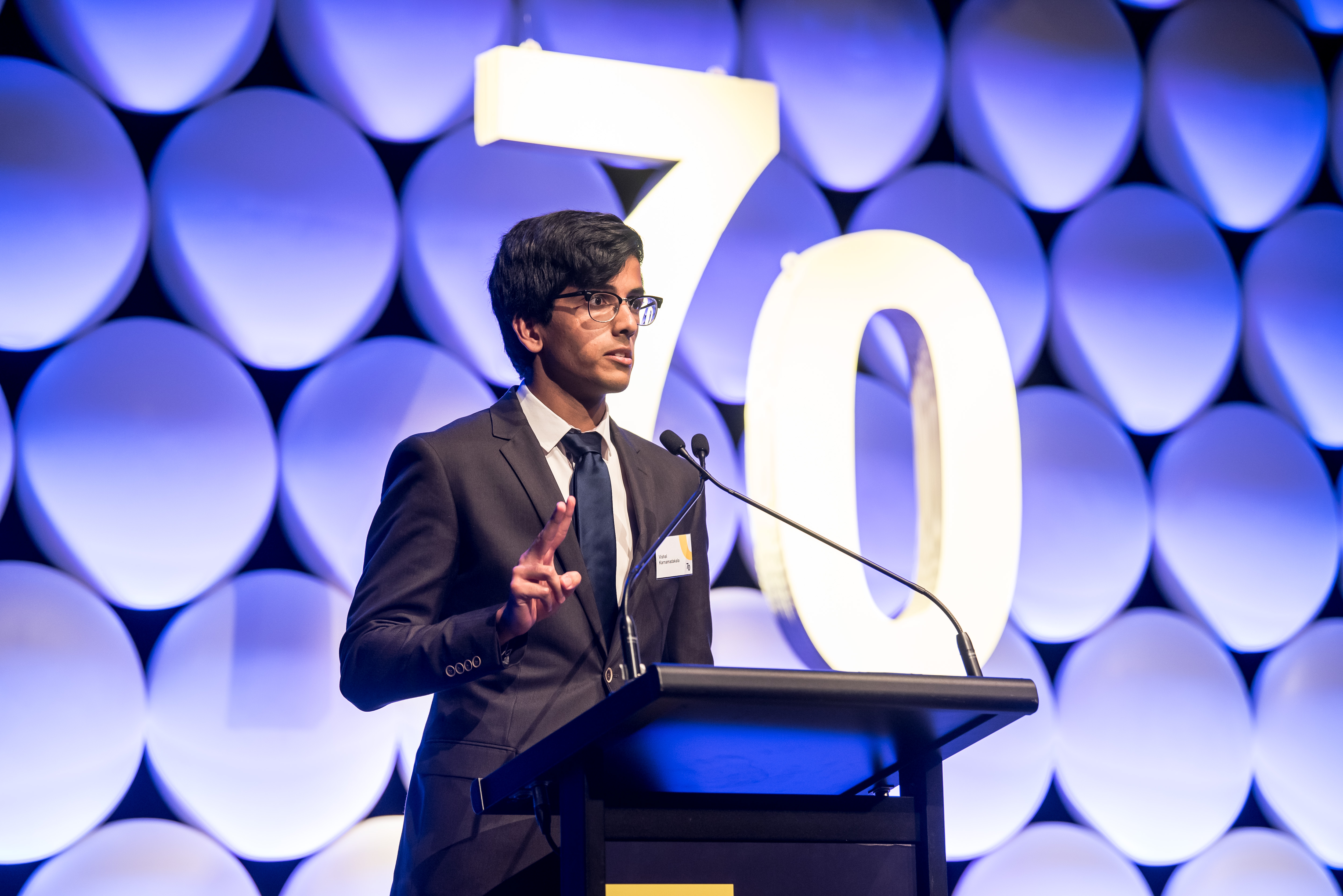 Photo: Vishal Karnamadakala, the inaugural recipient of the Vanessa Hardman Law Memorial Scholarship, speaking at the UNSW 70th anniversary dinner in 2019.