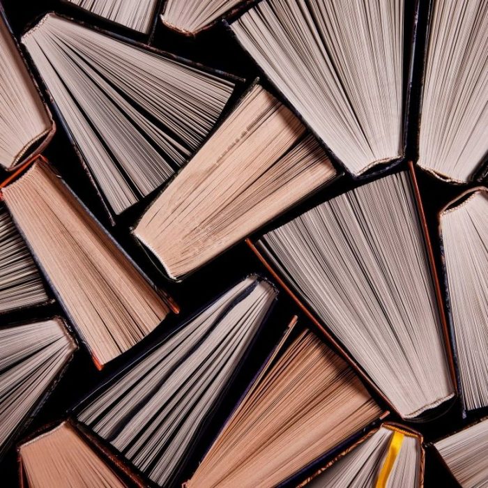 Overhead view of many text books