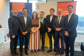 Hear Me Out launch event Left to right - George Newhouse, CEO, National Justice Project Professor Daniel Ghezelbash, Kaldor Centre/UNSW Law & Justice Ariane Dozer, Head of Projects and Innovation, National Justice Project Heike Fabig, disability activist and MRes student at Macquarie University Simon Goodrich, Co-founder, Portable The Hon Michael Daley, NSW Attorney General Dean Moutopoulos, Project Lead, Hear Me Out/National Justice Project