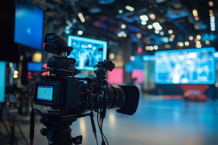 A close up of a camera pointing to a TV media studio space with large screens.