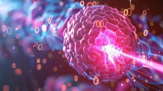 Closeup of a precise laser procedure on pancreatic cancer, showing the pancreas and surrounding area, top view, Pancreatic focus treatment, digital binary as object, Vivid