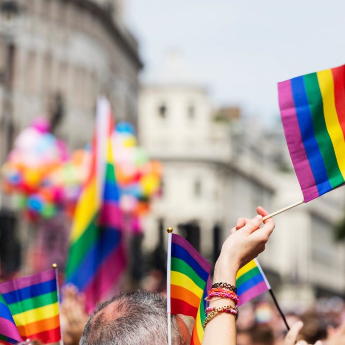 A spectator waves a gay rainbow flag at an LGBT gay pride march in London