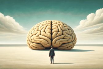 A solitary businessman stands facing a colossal brain in a surreal dreamlike landscape The scene evokes a sense of introspection intellectual challenge and the vast potential of the human mind Fluffy clouds drift in the distance hinting at the endless possibilities of thought and creativity The expansive horizon encourages viewers to contemplate the complexities of consciousness and the journey of selfdiscovery and personal growth