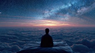 Floating in space dream concept bed concept. A person contemplating life beneath a stunning starry sky.