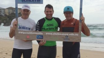 Image shows former NSW Premier Mike Baird in between 2 other Wipeout Dementia supporters