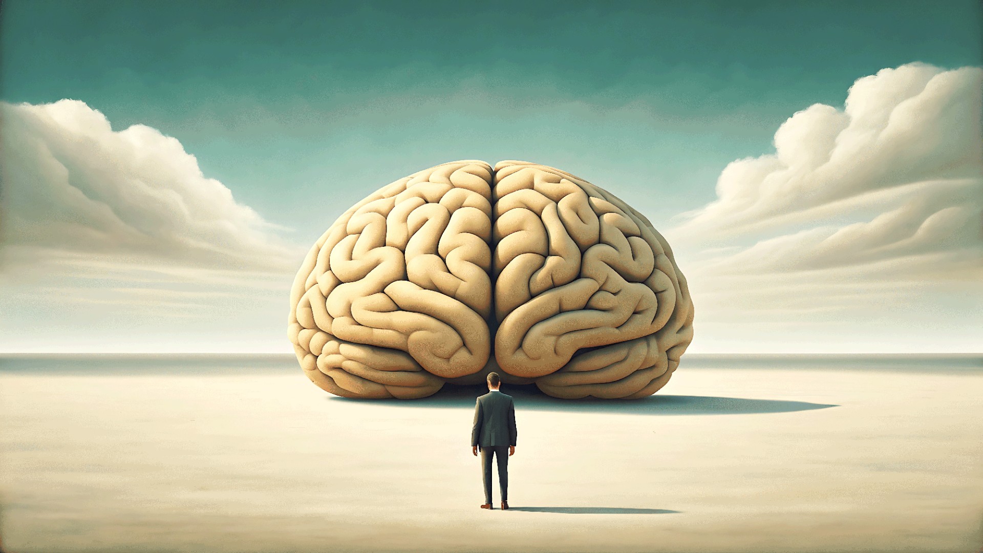 A solitary businessman stands facing a colossal brain in a surreal dreamlike landscape The scene evokes a sense of introspection intellectual challenge and the vast potential of the human mind Fluffy clouds drift in the distance hinting at the endless possibilities of thought and creativity The expansive horizon encourages viewers to contemplate the complexities of consciousness and the journey of selfdiscovery and personal growth