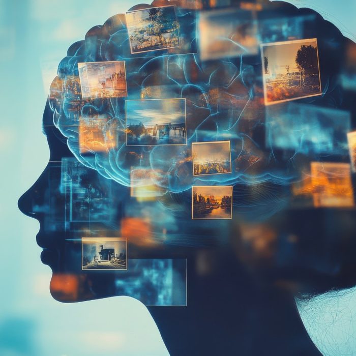 A brain silhouette filled with blurred photographs, symbolizing memories fading due to Alzheimerâ€™s, with digital effects that create a sense of confusion, shot using a Sony A7R IV with a 35mm lens --ar 16:9 --v 6.1 Job ID: af3b024e-8dc2-4bff-a2a6-961a74beccac
