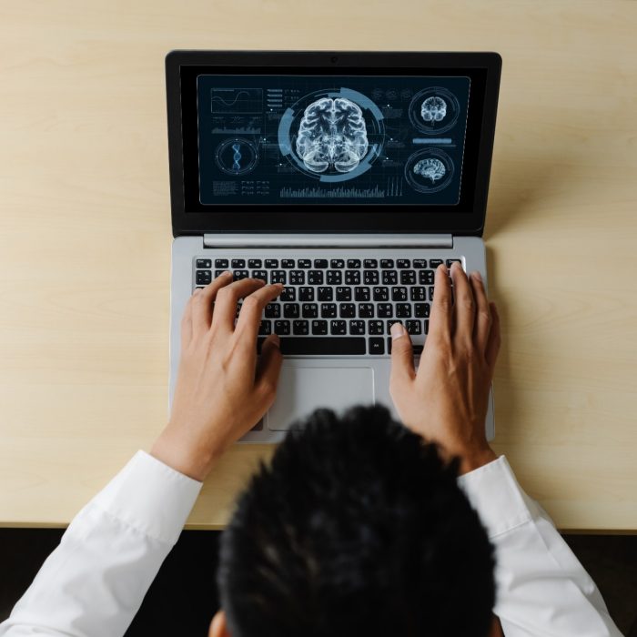 Medical science technology and futuristic healthcare virtual computer software analyze human health and diagnose disease for doctor data and medical research. brisk