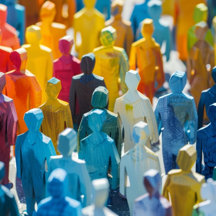 Colorful wooden figurines represent societal diversity, ideal for inclusion campaigns and community events.