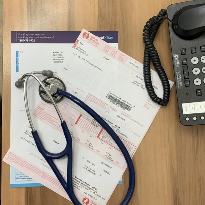 Medical paperwork and stethoscope doctors GP surgery