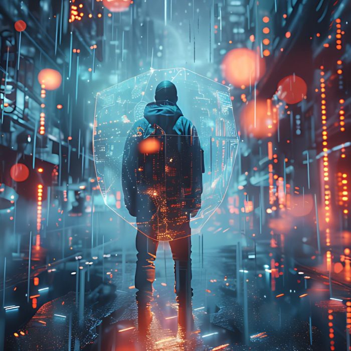 A man in a futuristic city, protected by a shield surrounded by floating attacks symbolizing cyber threats to his vulnerable online presence.