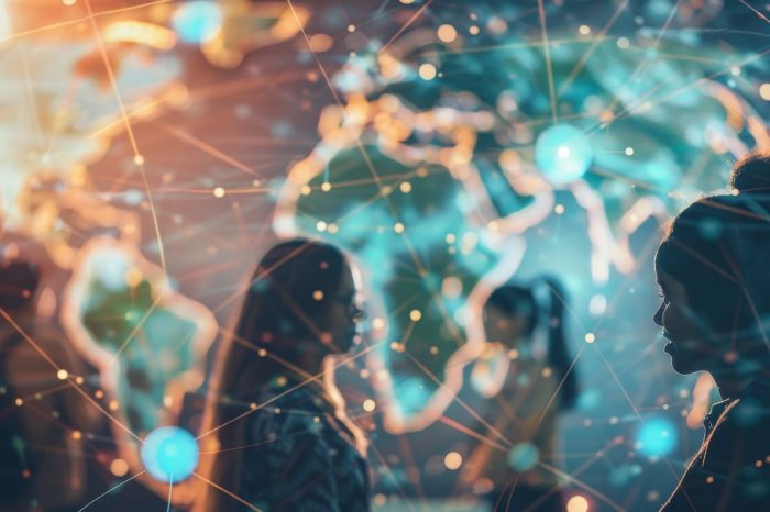 Multinational people and global communication network concept. Social media. --ar 16:9 Job ID: 00f3bb85-ca79-40ae-87f9-19e0a4f02d3c