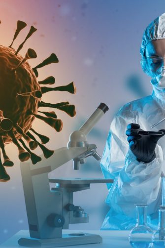 Doctor of Infectious Diseases. Scientist studies infection bacteria. Virus near doctor in chemical protection suit. Woman infectious disease specialist in respirator. Microscope and flasks on table