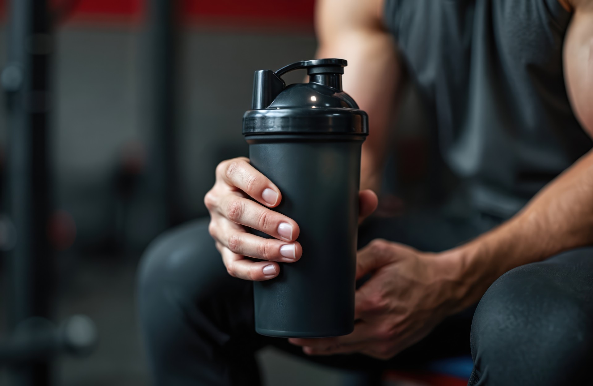 Close up shot of man at, gym holding dark supplement shaker. 