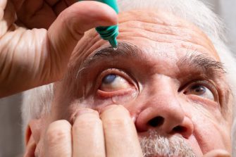 Self-instillation of eye drops in patients with glaucoma eyes. An elderly man with glaucoma.