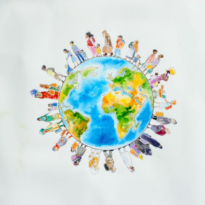 Illustration of migrant people different nationalities around Earth.Picture created with watercolors.