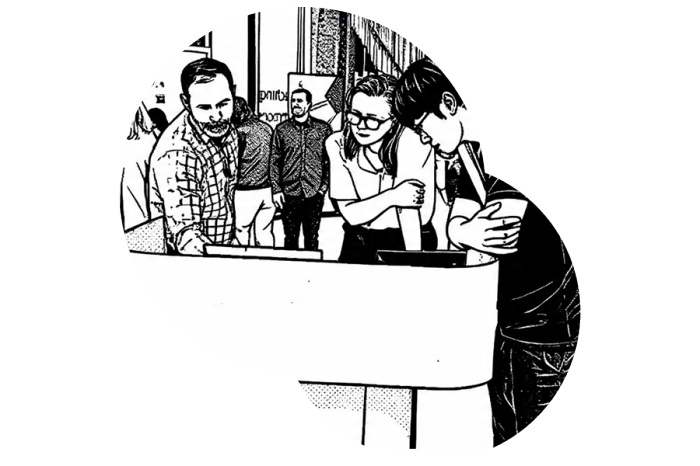 Illustration of a few people interacting with a lectern