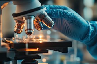 Crop view of hand of researcher in blue rubber gloves using medical equipment for doing test in laboratory. --ar 16:9 --v 6.1 Job ID: b6e3557b-8b3f-434d-b6a3-422d4d0b6a8d