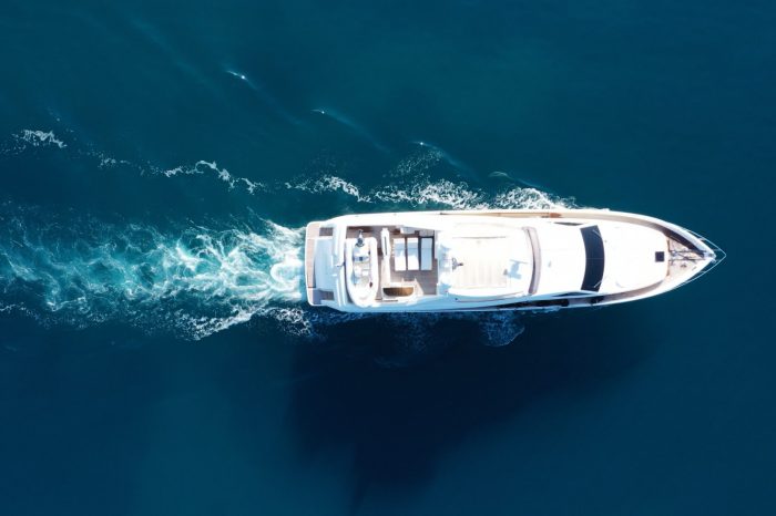Aerial drone photo of  luxury yacht cruise in mediterranean deep blue sea