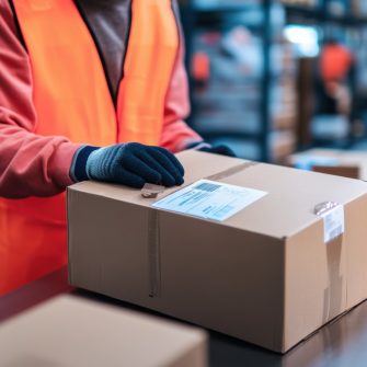 A worker in an orange safety vest carefully handles cardboard box in warehouse setting, showcasing importance of logistics and organization in shipping operations.