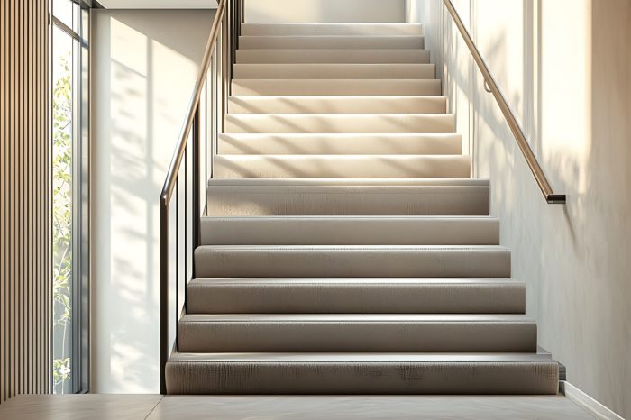 Softly carpeted residential staircase with sleek railings.