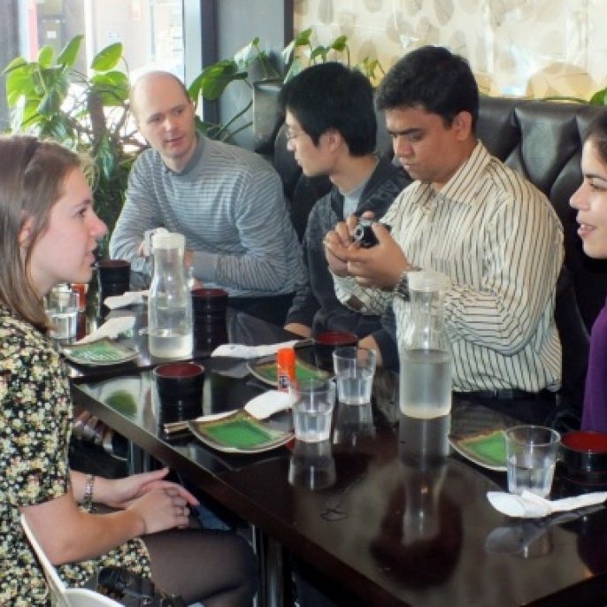 Group lunch, May 2012. Left to right: Raju Cheerlavancha, Jonatan Wangsahardja, Stefanie Vaccher (undergraduate project student), Luke Hunter, Zhiyong Wang, Iqbal Ahmed, Renecia Lowe.