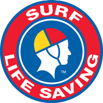 circular logo with 'Surf Life Saving' encircling an outline of a head wearing a red and yellow swim cap