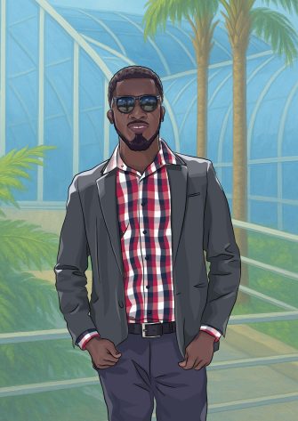 A cartoon depiction of Thomas Cobbinah, standing outside in front of a building. He is wearing a plaid shirt with a blazer and sunglasses, smiling at the camera. 