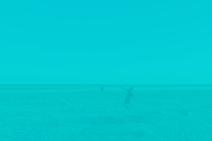 Stuart standing in an open grassy plain pointing toward the horizon, with a dog nearby and another figure visible in the distance under a clear sky