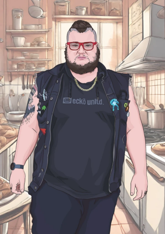 Illustration of Jamie standing in a kitchen filled with shelves of bread and cooking utensils, wearing a black sleeveless vest over a dark T-shirt with “ecko unltd.” text, dark pants, a gold chain, and visible tattoos on one arm.