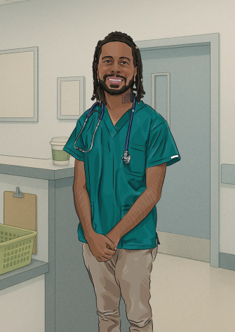 Illustrated portrait of Stuart Yiwarr McGrath, a Registered Nurse, depicted in green scrubs with a stethoscope around his neck. The background shows a stylized clinical setting with cabinets, a counter, and an open doorway, emphasizing his role in healthcare.