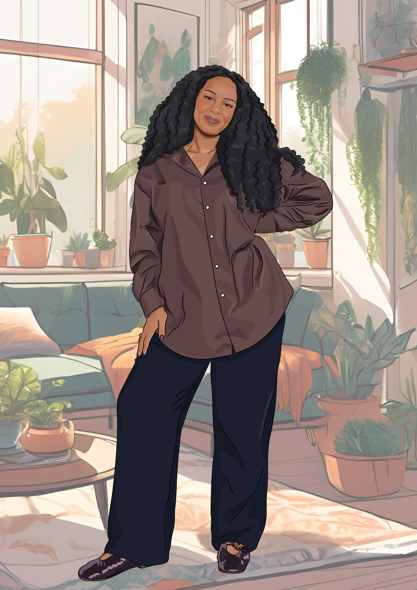  Kayta Hackman Riley illustration person standing in a bright indoor space filled with green potted plants, wearing a loose brown button-up shirt, wide dark pants, and flat shoes.