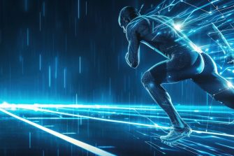 Human running man athlete with digital wireframe neon light background. AI generated image