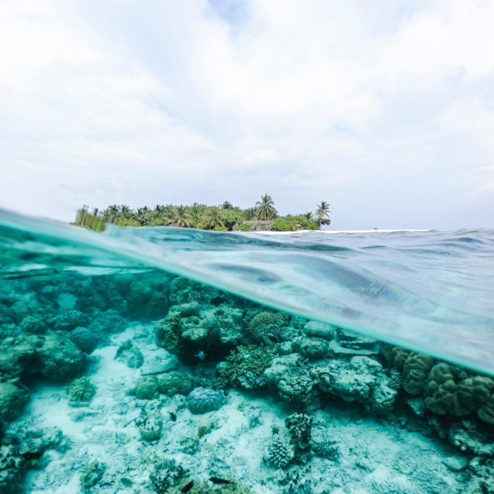 View of ocean above and below with and island in the background