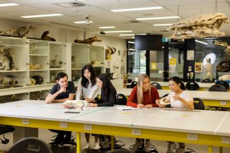 Students studying in the skeleton lab in the Biological Sciences building at UNSW Kensington Campus