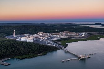Santos GLNG on Curtis Island with the coral sea in the background, Gladstone Region, Queensland