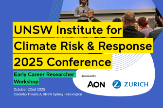 Text reading UNSW institute for climate risk & response 2025 Conference. Early Career Researcher Workshop. Sponsored by AON and Zurich over a an image of a man asking a speaker a question in Q&A