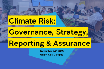 Text reading Climate Risk: Governance, Strategy, Reporting & assurance with a photo of participants in workshop at UNSW CBD campus