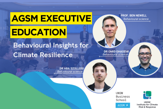 Text reading AGSM Executive education - Behavioural Insights for Slimate Resilience with headshots of Ben Newell Omid Ghasemi Aba Szollosi
