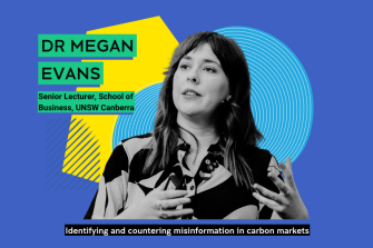 black text on green background reading Dr Megan Evans Senior Lecturer , School of Business, UNSW Canberra. A Black and while image of Megan giving a talk is in front of a blue aqua and yellow random shapes background