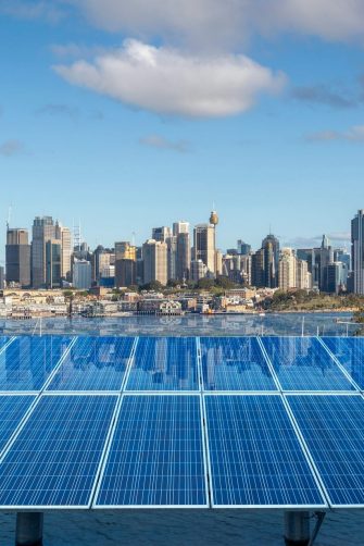 Sydney skyline with solar panels in the foreground
