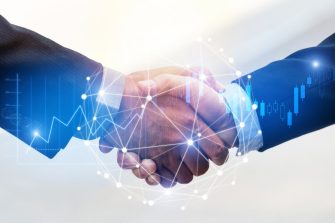 Deal. business man shaking hands with effect global network link connection and graph chart of stock market graphic diagram, digital technology, internet communication, teamwork, partnership concept