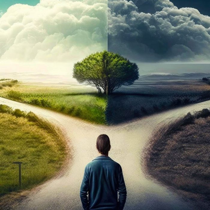 Man at two roads deciding for best chance of environment protection. superlative generative AI image.