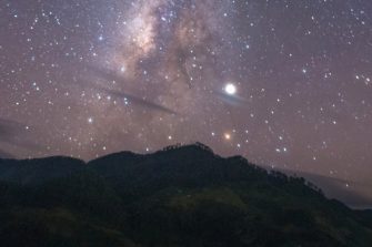 Wide angle scenics Milky Way background above rice field and mountain .Starry night sky with Beautiful Universe. Space night background with galaxy with copyspace