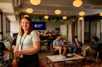 Photograph from the future mind psychology eventof multiple students discussing