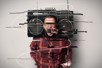 Man screaming with boombox